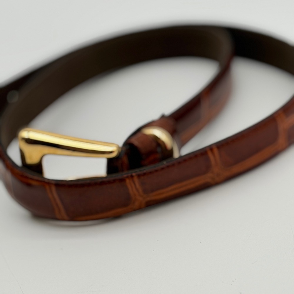 Jacqueline Ferrar Brown Croc Embossed Leather Belt Gold Buckle Made in Italy L